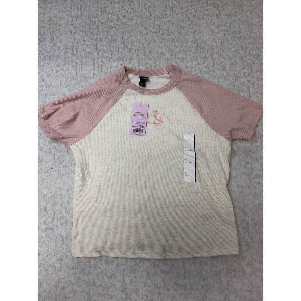 Wild Fable Womens Ribbed Raglan Bunny Embroidered Tee Blush Cream Large NWT
